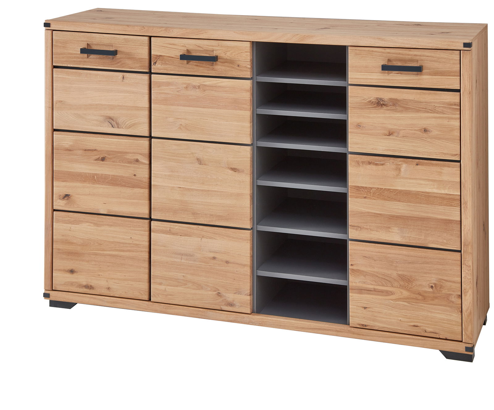 XL-Schuhschrank aus Holz mit mehreren Schubladen und offenen Regalfächern, frontal betrachtet.