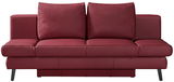 Rotes Querschläfer-Sofa in Frontalansicht mit zwei großen Rückenkissen und schwarzen Beinen.