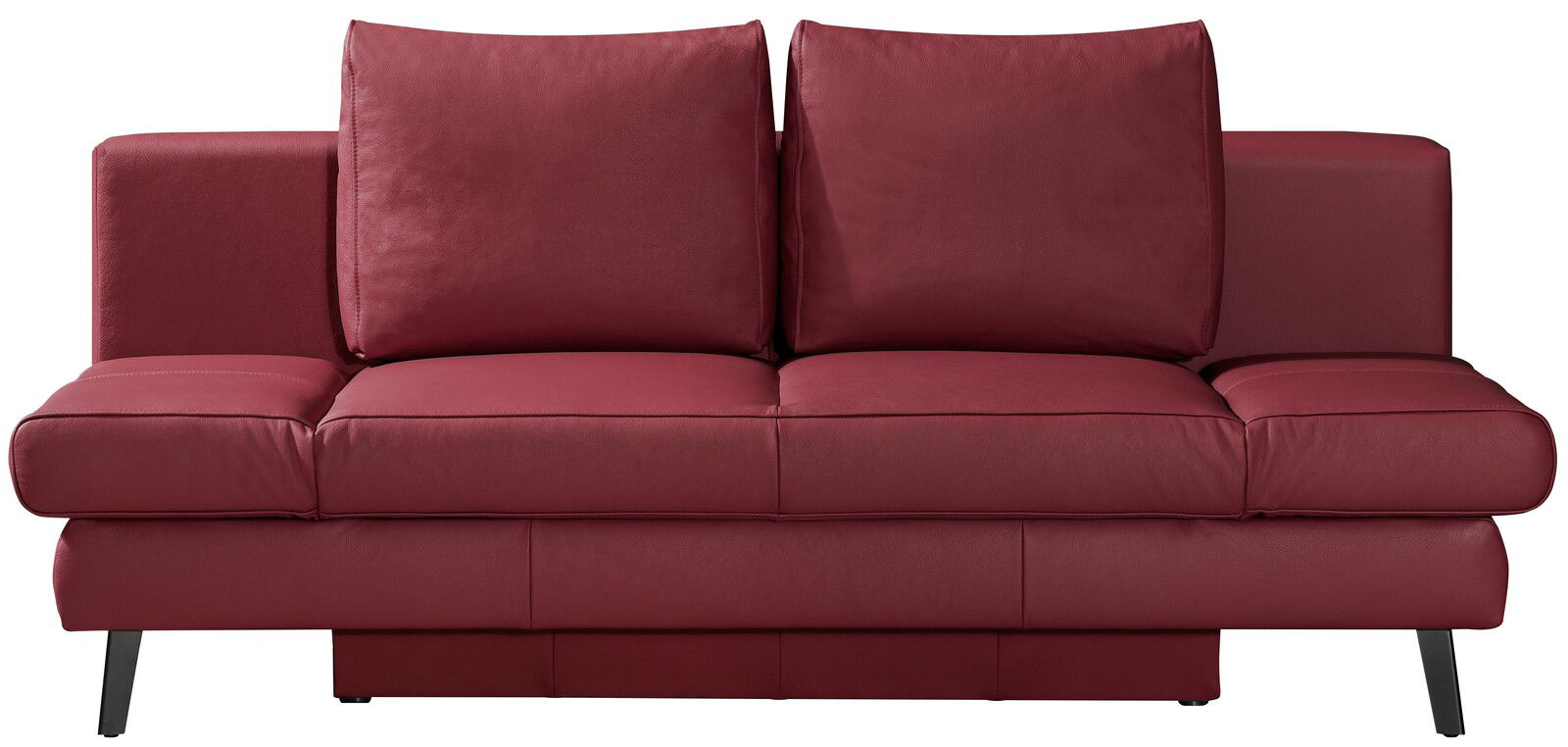 Rotes Querschläfer-Sofa in Frontalansicht mit zwei großen Rückenkissen und schwarzen Beinen.