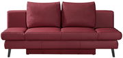 Rotes Querschläfer-Sofa in Frontalansicht mit zwei großen Rückenkissen und schwarzen Beinen.
