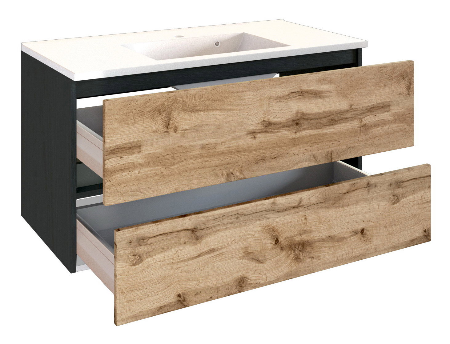Waschplatz mit zwei offenen Schubladen in Holzoptik, seitliche Perspektive