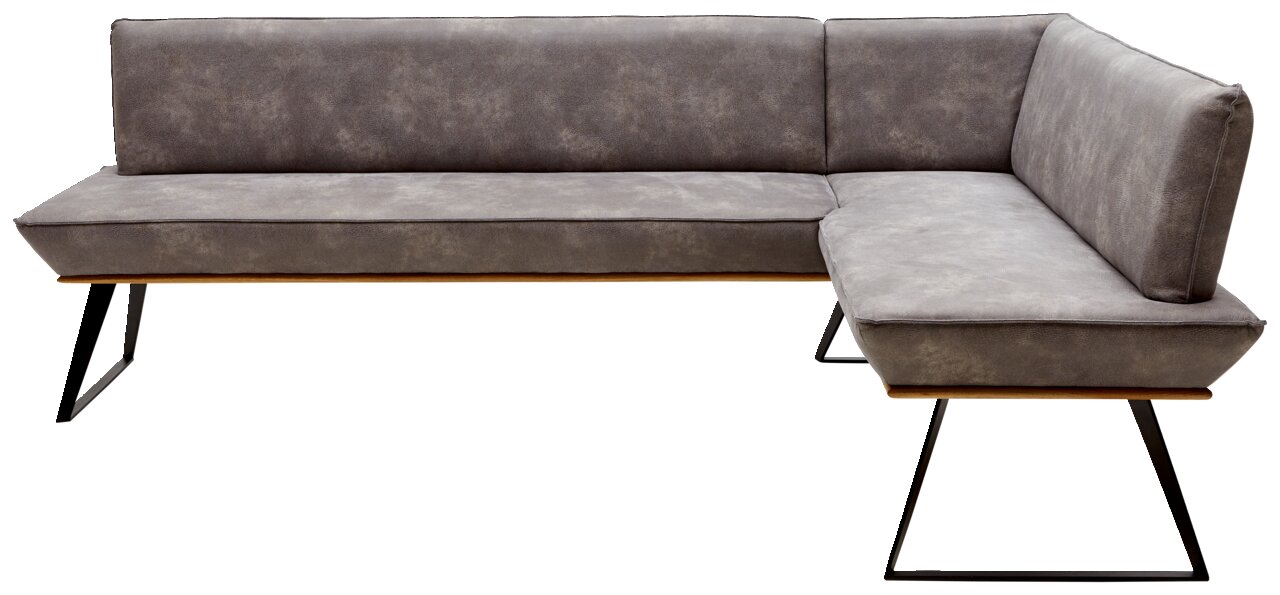 Eckbank in L-Form mit grauem Polsterbezug und schwarzen Metallbeinen, seitliche Perspektive