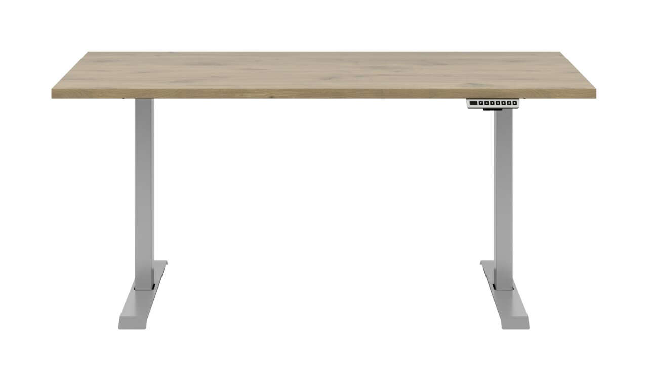Moderner E-Schreibtisch mit Holzoberfläche und grauem Metallgestell, Frontalansicht