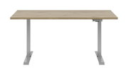 Moderner E-Schreibtisch mit Holzoberfläche und grauem Metallgestell, Frontalansicht