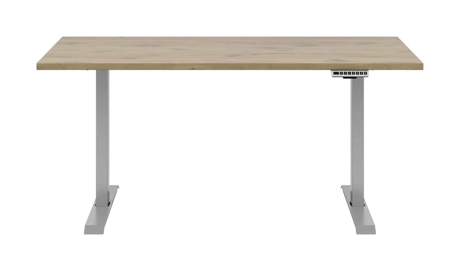 Moderner E-Schreibtisch mit Holzoberfläche und grauem Metallgestell, Frontalansicht