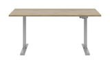 Moderner E-Schreibtisch mit Holzoberfläche und grauem Metallgestell, Frontalansicht