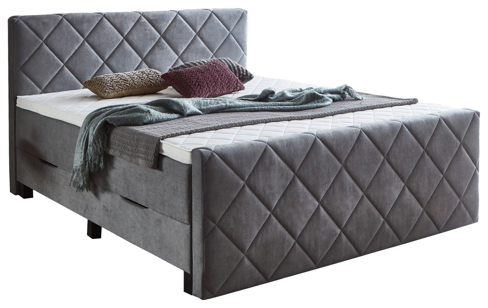 Graues Boxspringbett BX2200 CHESTER mit gestepptem Kopfteil, seitlicher Blickwinkel