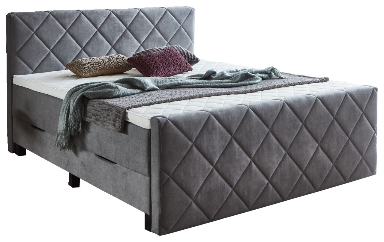 Graues Boxspringbett BX2200 CHESTER mit gestepptem Kopfteil, seitlicher Blickwinkel