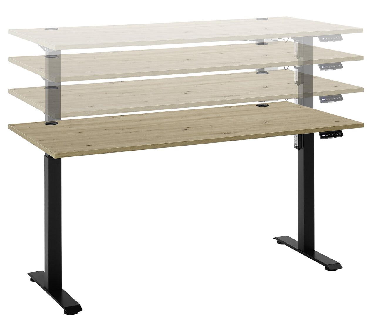 Höhenverstellbarer E-Schreibtisch aus Holz mit schwarzem Gestell, seitliche Perspektive