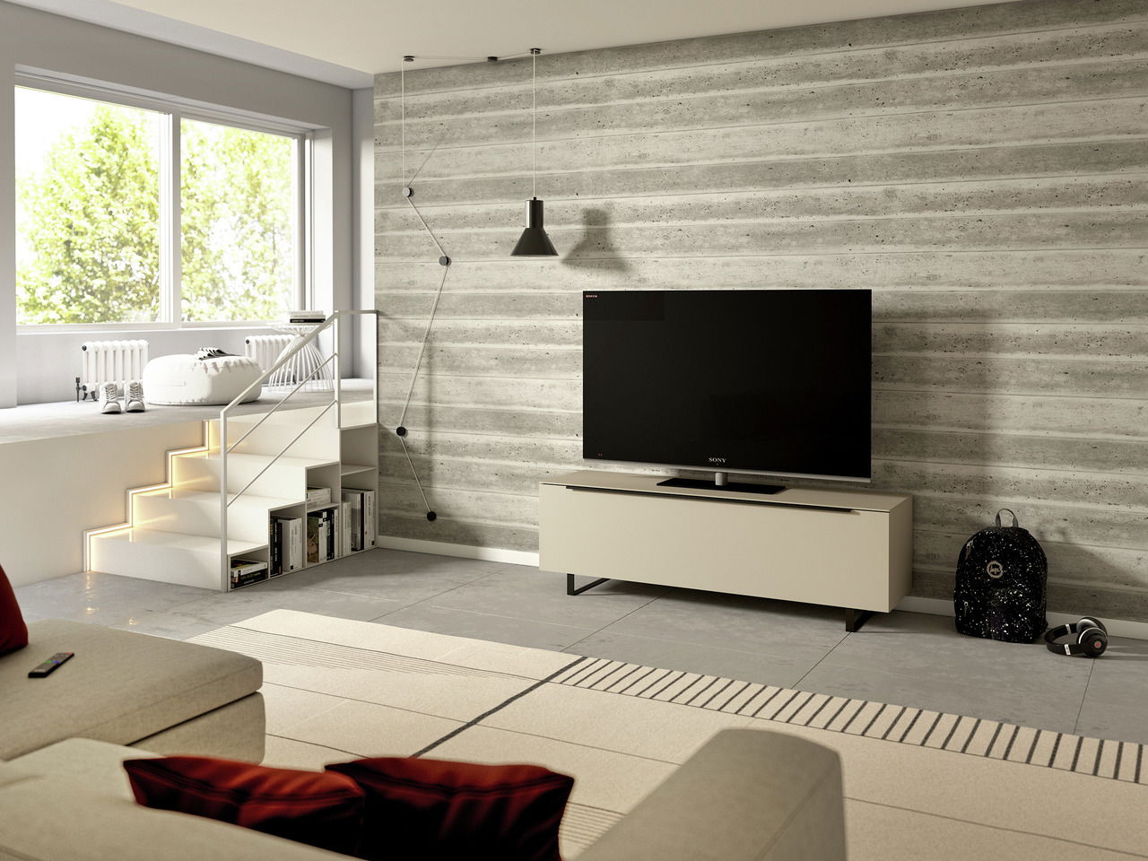 Modernes TV-Lowboard der Serie BORMIO in einem stilvollen Wohnzimmer, frontal betrachtet, mit einem großen Fernseher darauf und einer Betonwand im Hintergrund.