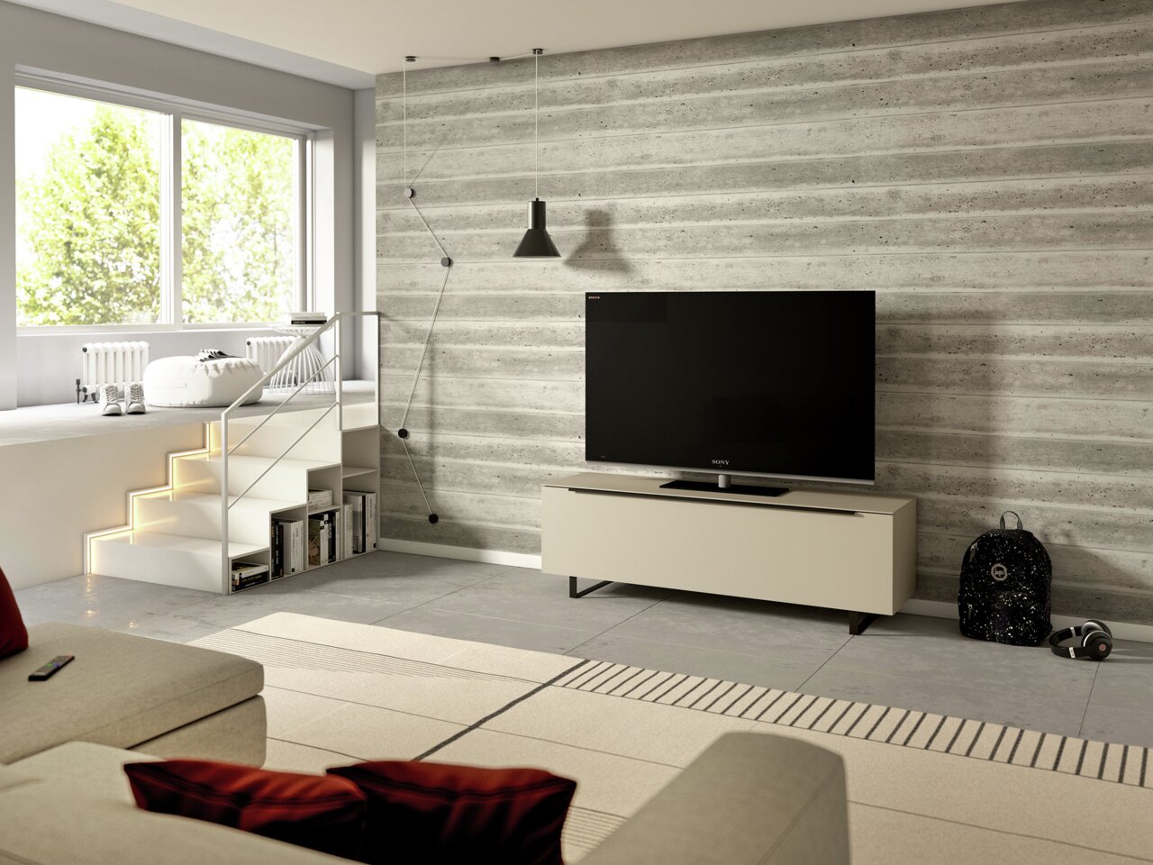 Modernes TV-Lowboard der Serie BORMIO in einem stilvollen Wohnzimmer, frontal betrachtet, mit einem großen Fernseher darauf und einer Betonwand im Hintergrund.