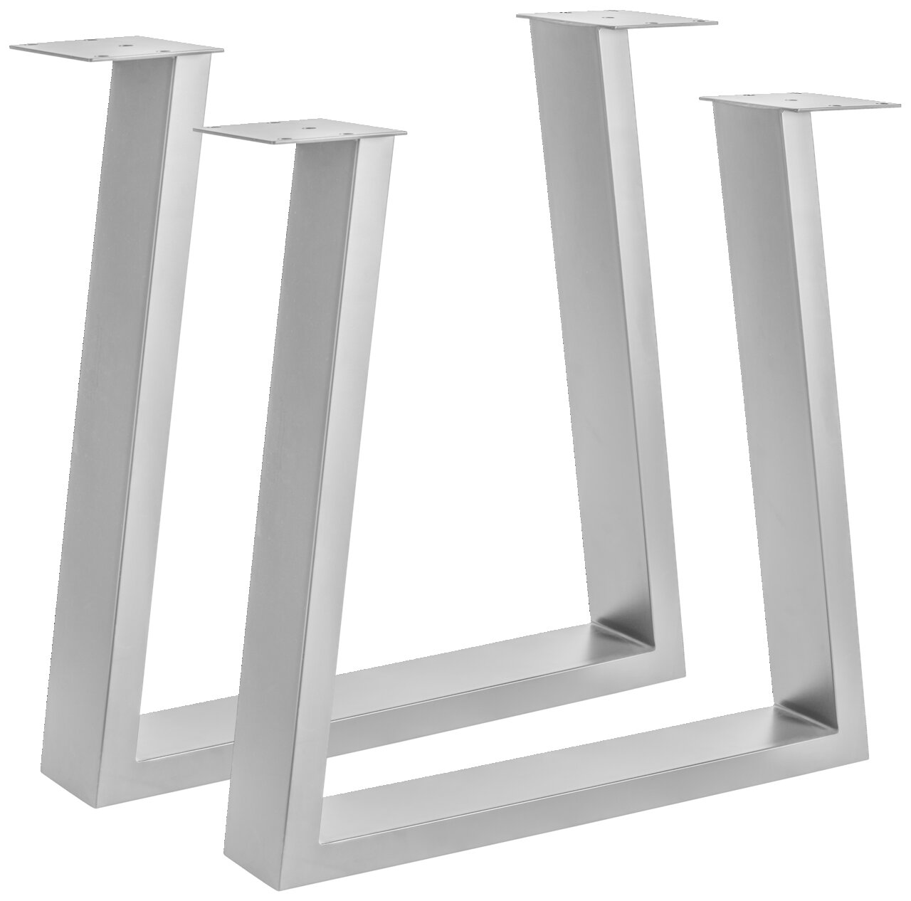 Zwei moderne, silberne Tischgestelle aus Metall in U-Form, seitliche Perspektive