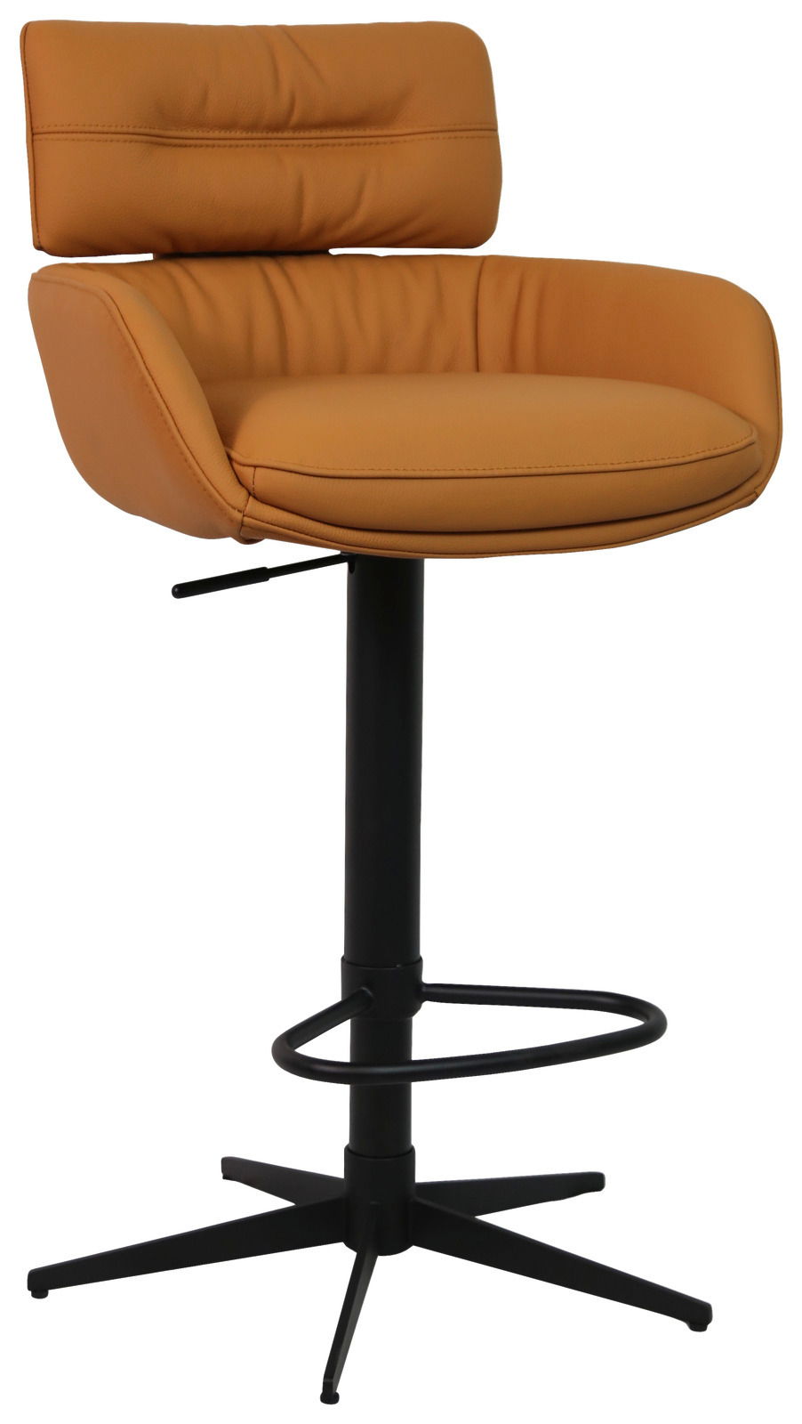 Moderner Barhocker in Lederoptik, seitliche Perspektive, mit schwarzem Metallfuß und Fußstütze.