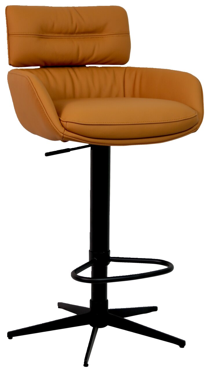 Dieter Knoll Barhocker PABLO Moderner Barhocker in Lederoptik, seitliche Perspektive, mit schwarzem Metallfuß und Fußstütze.