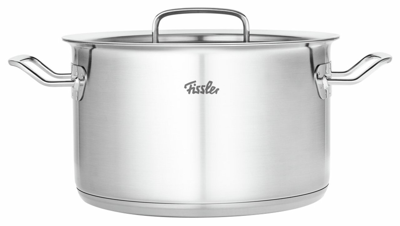 Edelstahl-Kochtopf mit Metalldeckel, seitliche Ansicht