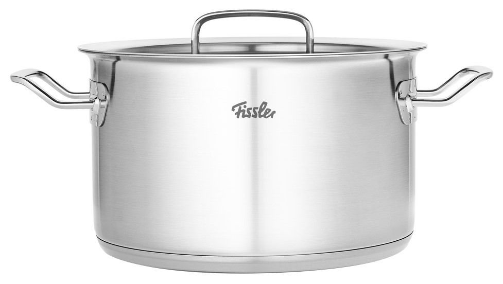 Edelstahl-Kochtopf mit Metalldeckel, seitliche Ansicht