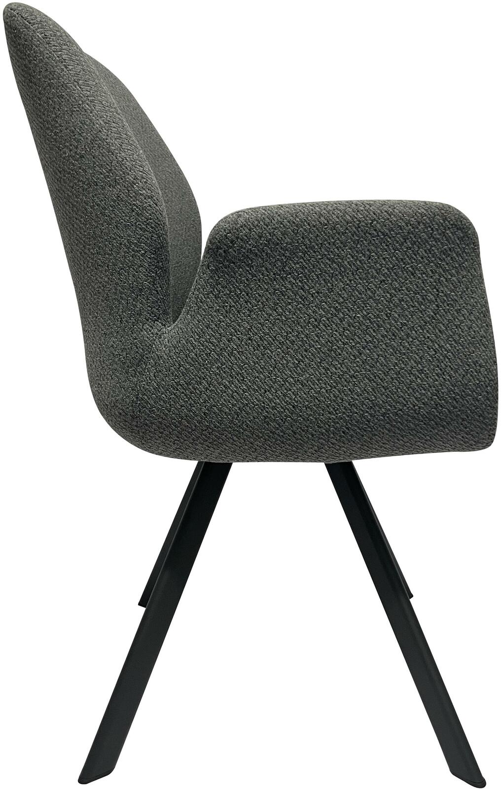 Grauer Sessel mit Stoffbezug und schwarzen Metallbeinen, Seitenansicht