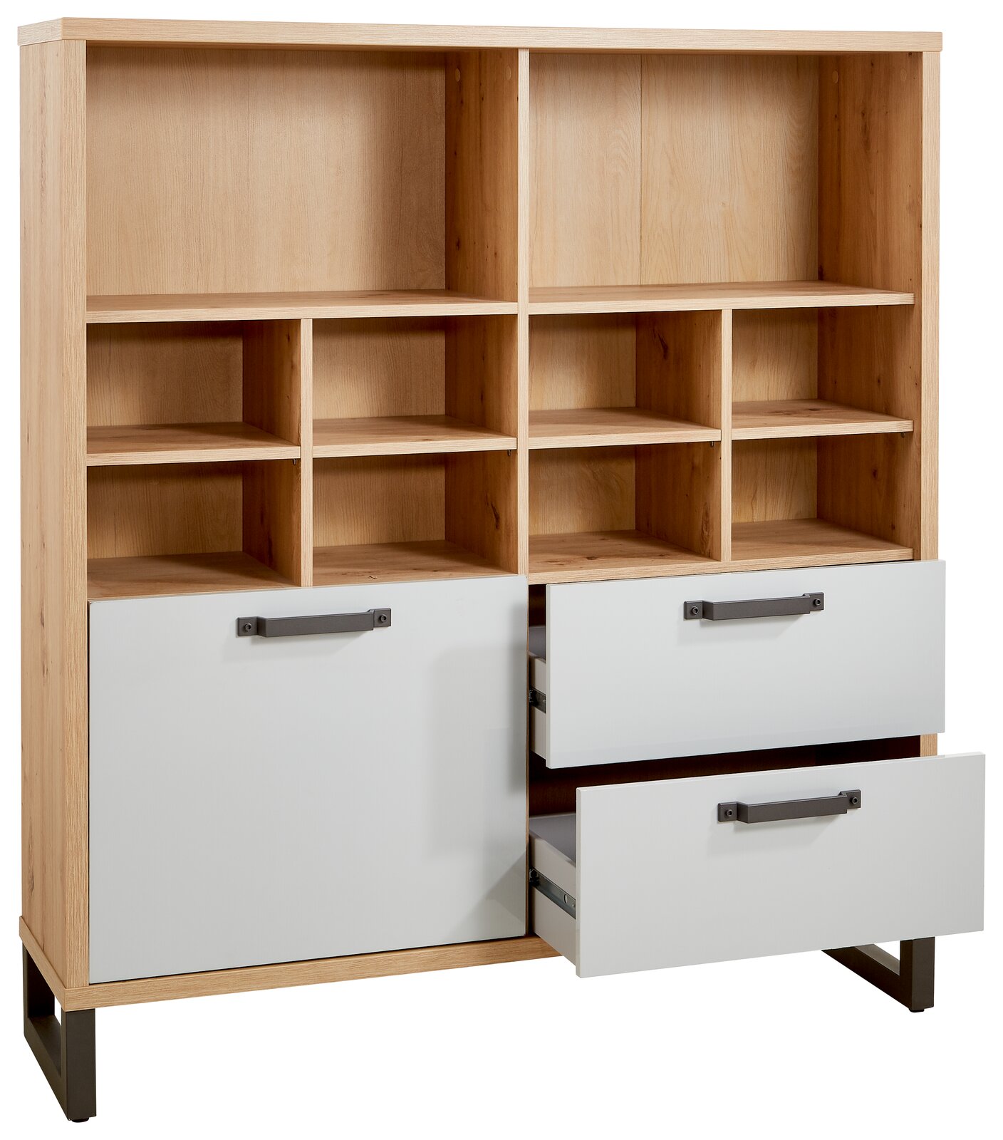 Multifunktionsregal aus Holz mit offenen Fächern und zwei geöffneten Schubladen, Frontalansicht