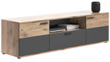 Modernes Lowboard aus Holz mit grauen Fronten, zwei Schubladen und einem offenen Fach, seitliche Perspektive