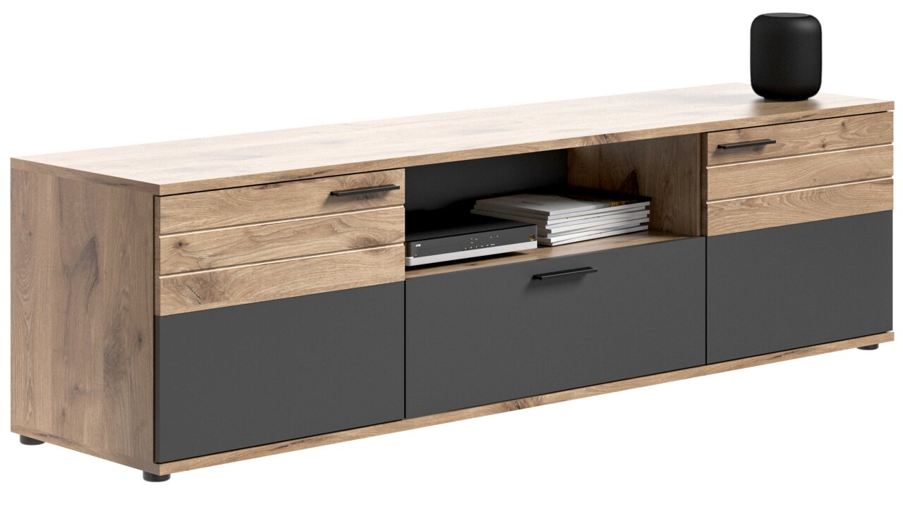 Modernes Lowboard aus Holz mit grauen Fronten, zwei Schubladen und einem offenen Fach, seitliche Perspektive