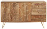 Frontale Ansicht eines Sideboards aus Holz mit geometrischen Mustern und goldenen Griffen, auf schrägen Metallbeinen.