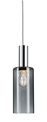 Hängelampe mit zylindrischem, rauchgrauem Glasschirm und sichtbarer Glühbirne, seitliche Perspektive