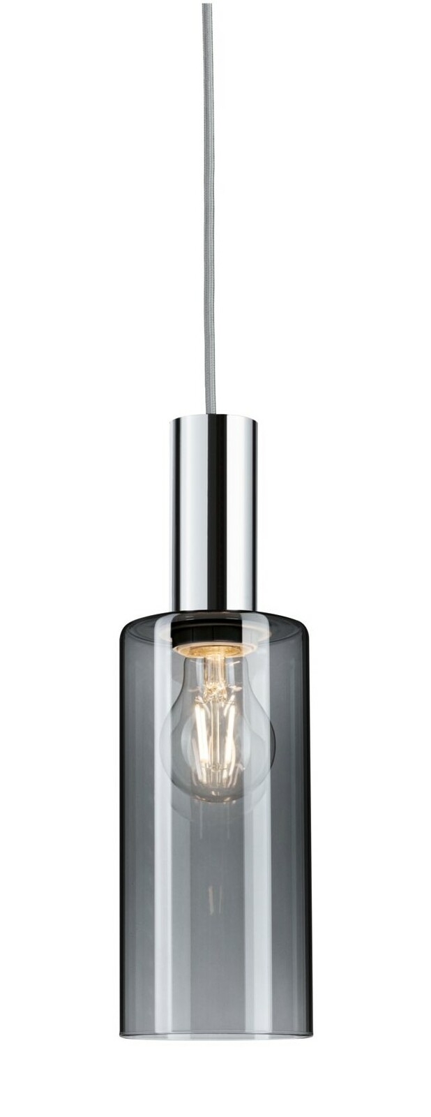 Hängelampe mit zylindrischem, rauchgrauem Glasschirm und sichtbarer Glühbirne, seitliche Perspektive