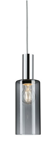 Hängelampe mit zylindrischem, rauchgrauem Glasschirm und sichtbarer Glühbirne, seitliche Perspektive