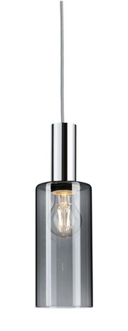 Hanglamp met cilindrische, rookgrijze glazen kap en zichtbare gloeilamp, zijaanzicht