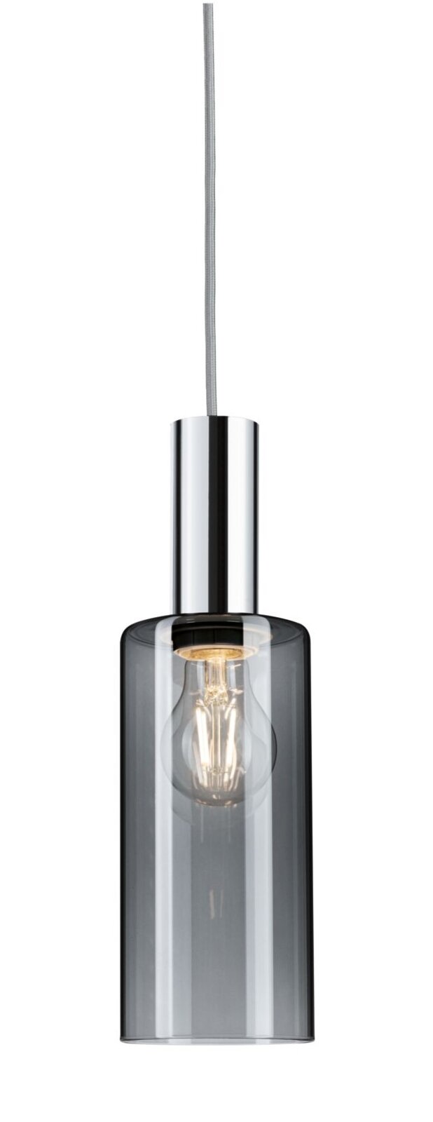 Hanglamp met cilindrische, rookgrijze glazen kap en zichtbare gloeilamp, zijaanzicht