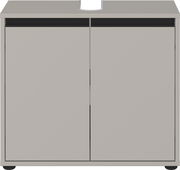Frontansicht eines grauen Waschbeckenunterschranks mit zwei Türen und Aussparung für das Waschbecken.