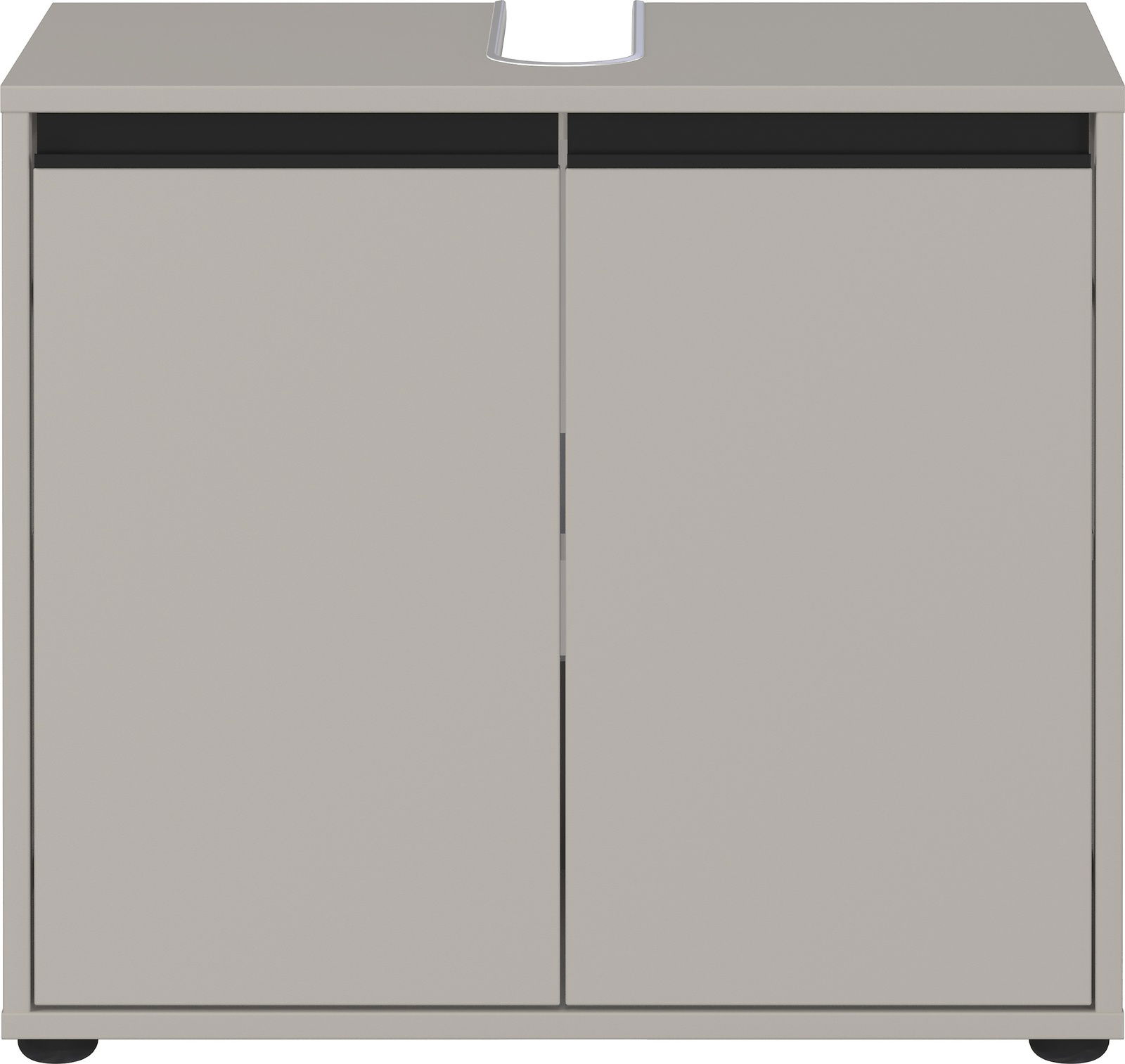 Frontansicht eines grauen Waschbeckenunterschranks mit zwei Türen und Aussparung für das Waschbecken.