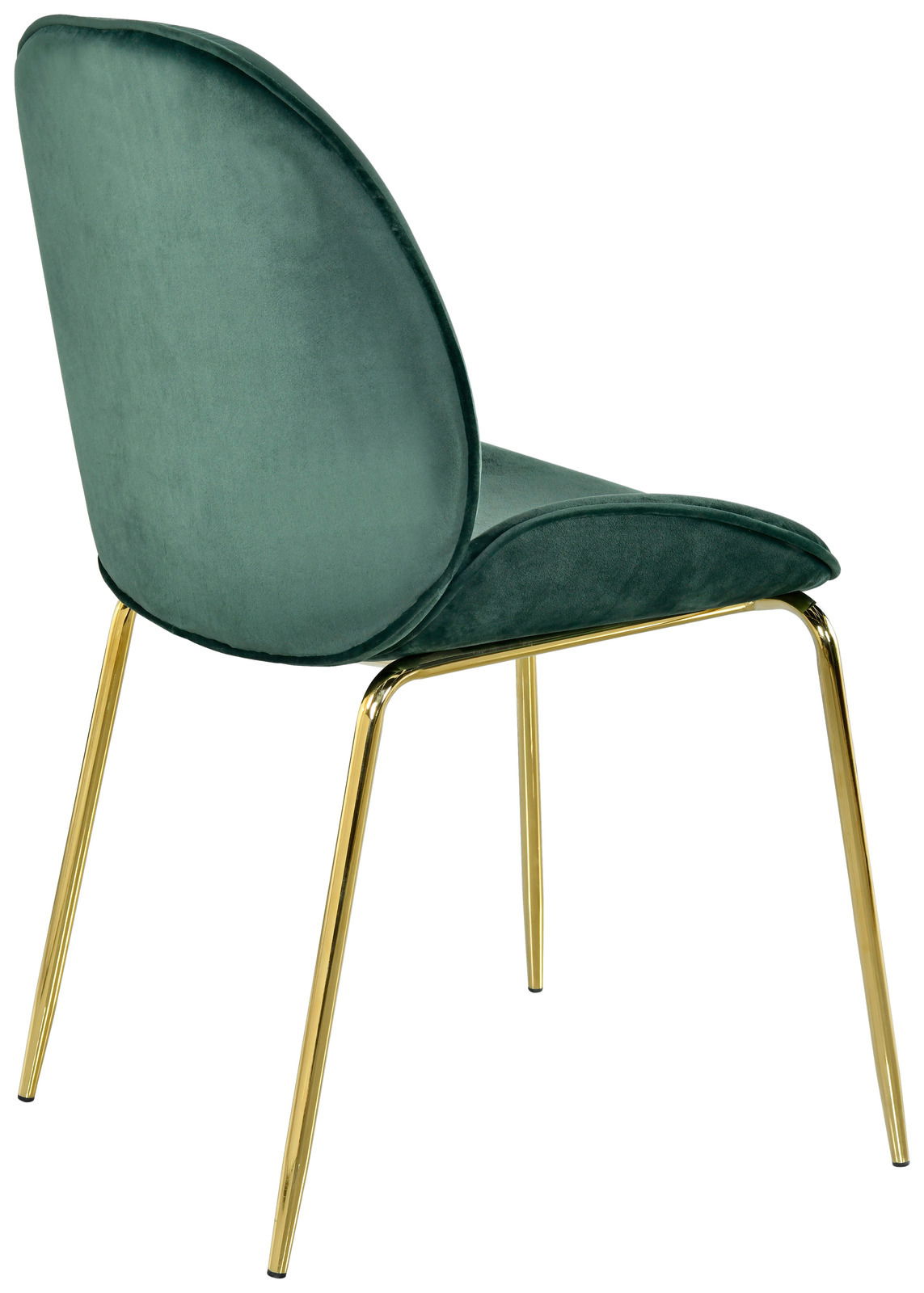 Rückansicht eines eleganten Stuhls mit grünem Samtbezug und goldenen Metallbeinen.