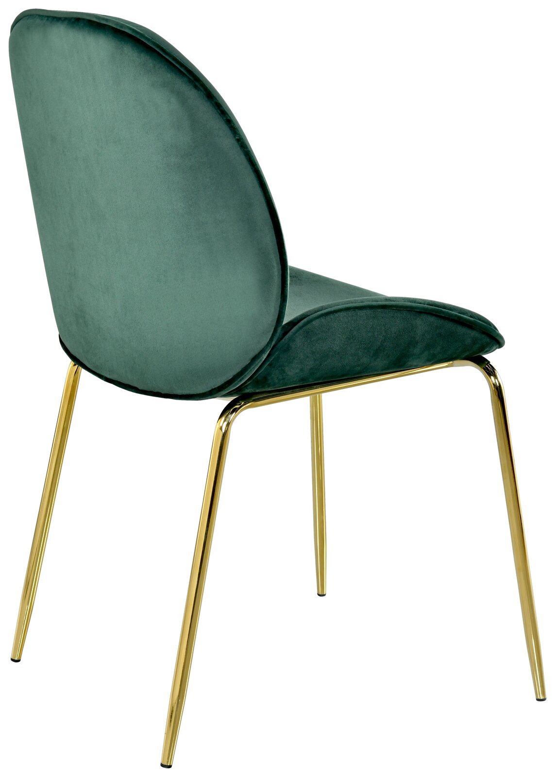 Rückansicht eines eleganten Stuhls mit grünem Samtbezug und goldenen Metallbeinen.