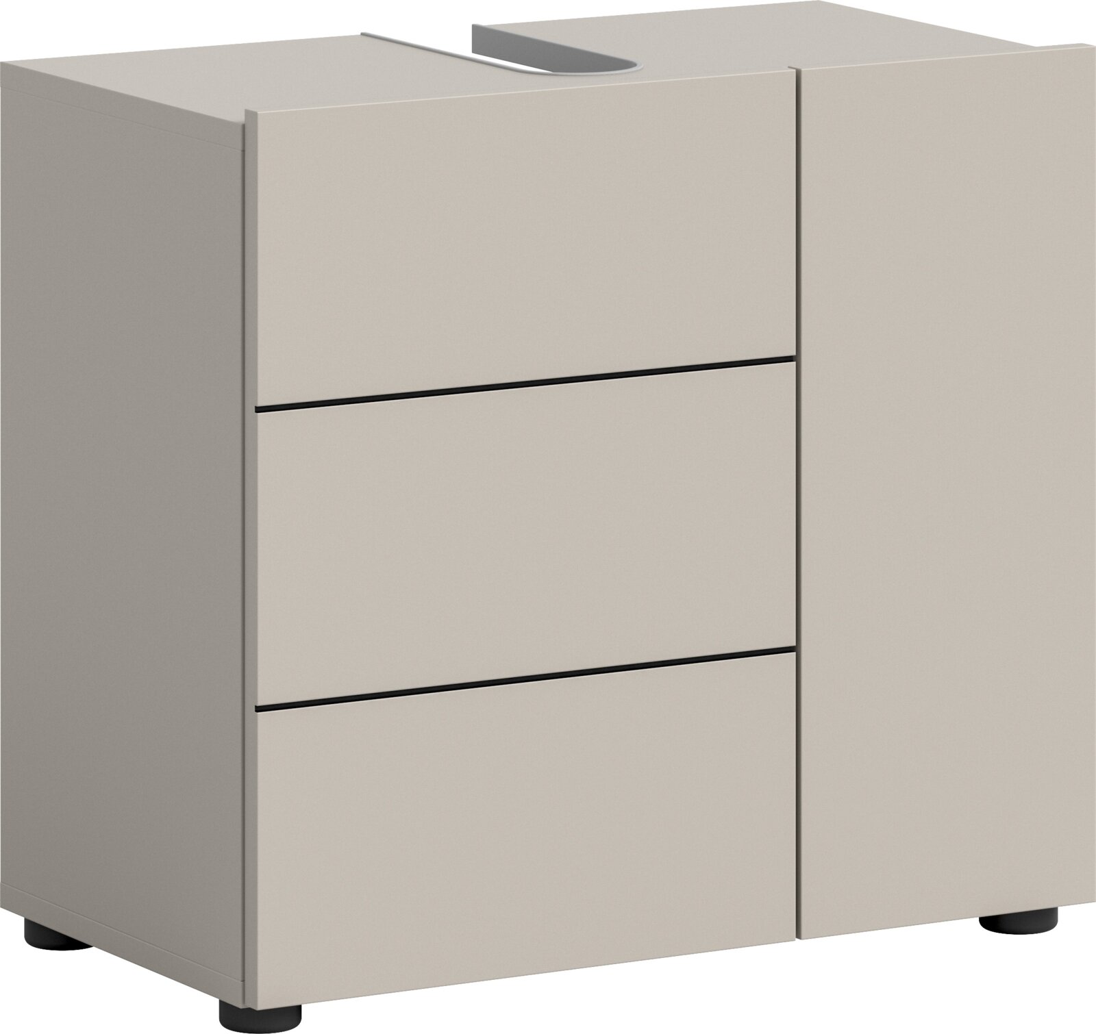 Beiger Badezimmerschrank/Waschtischunterschrank mit drei Schubladen und schwarzer Griffleiste, auf Füßen, in schräger Frontansicht von links oben