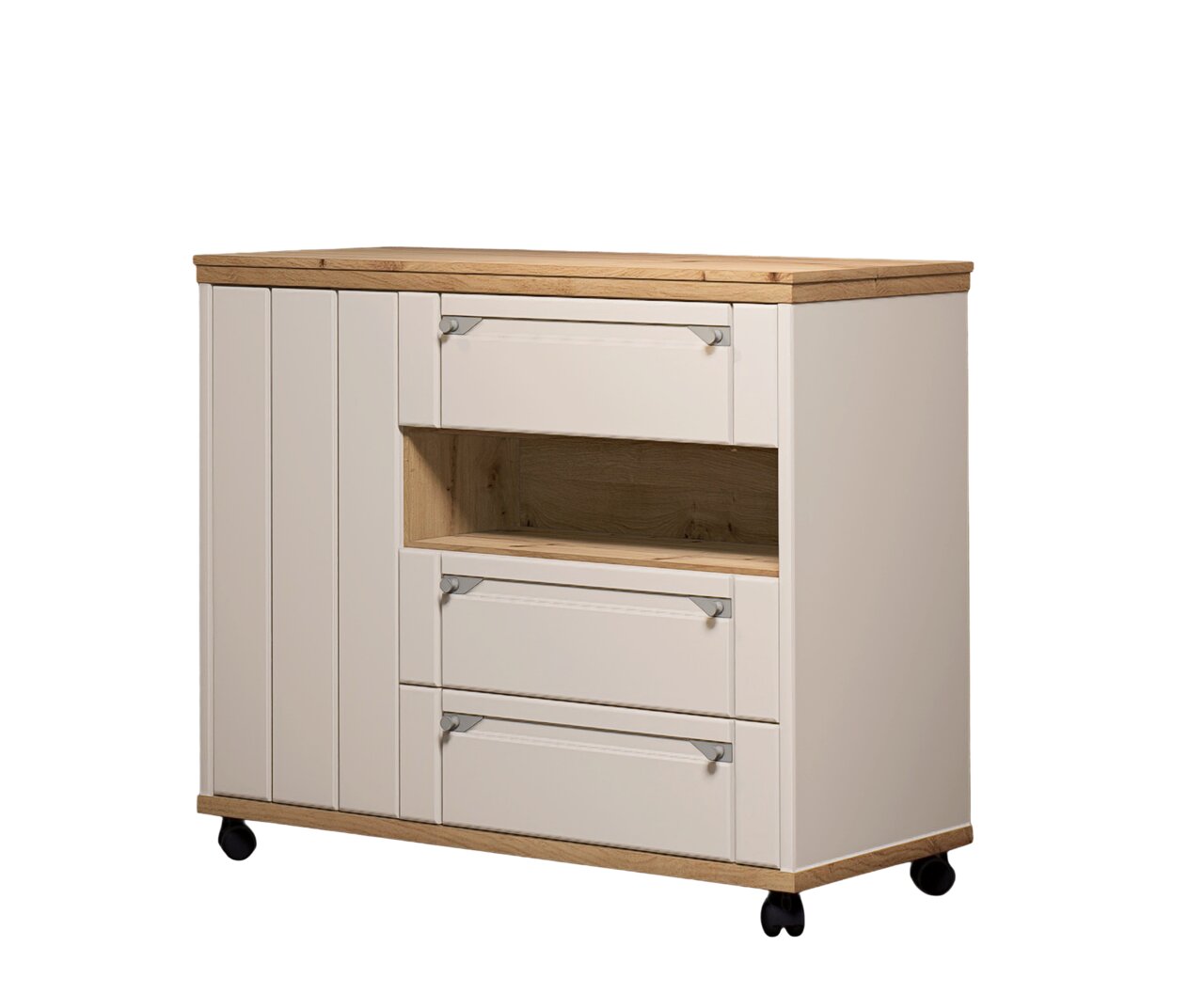 Landscape Buffetwagen COLMAR Buffetwagen mit Holzoberfläche und weißen Schubladen, seitliche Perspektive