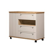 Buffetwagen mit Holzoberfläche und weißen Schubladen, seitliche Perspektive