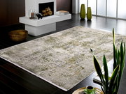 Designer Teppich in einem modernen Wohnzimmer mit Kamin, Pflanzen und dunklem Holzboden, aus der Perspektive von schräg oben fotografiert.