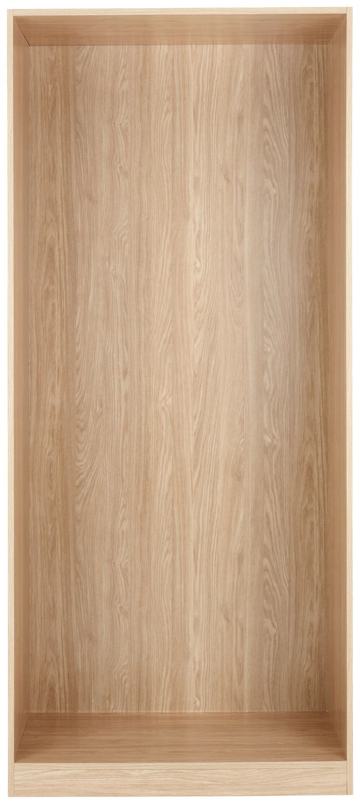 Innenansicht eines Kleiderschranks mit Holzoptik, frontal betrachtet.