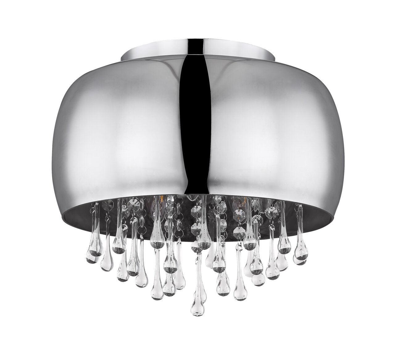 Moderne Deckenleuchte mit glänzendem Chromfinish und hängenden Kristallakzenten, seitliche Perspektive