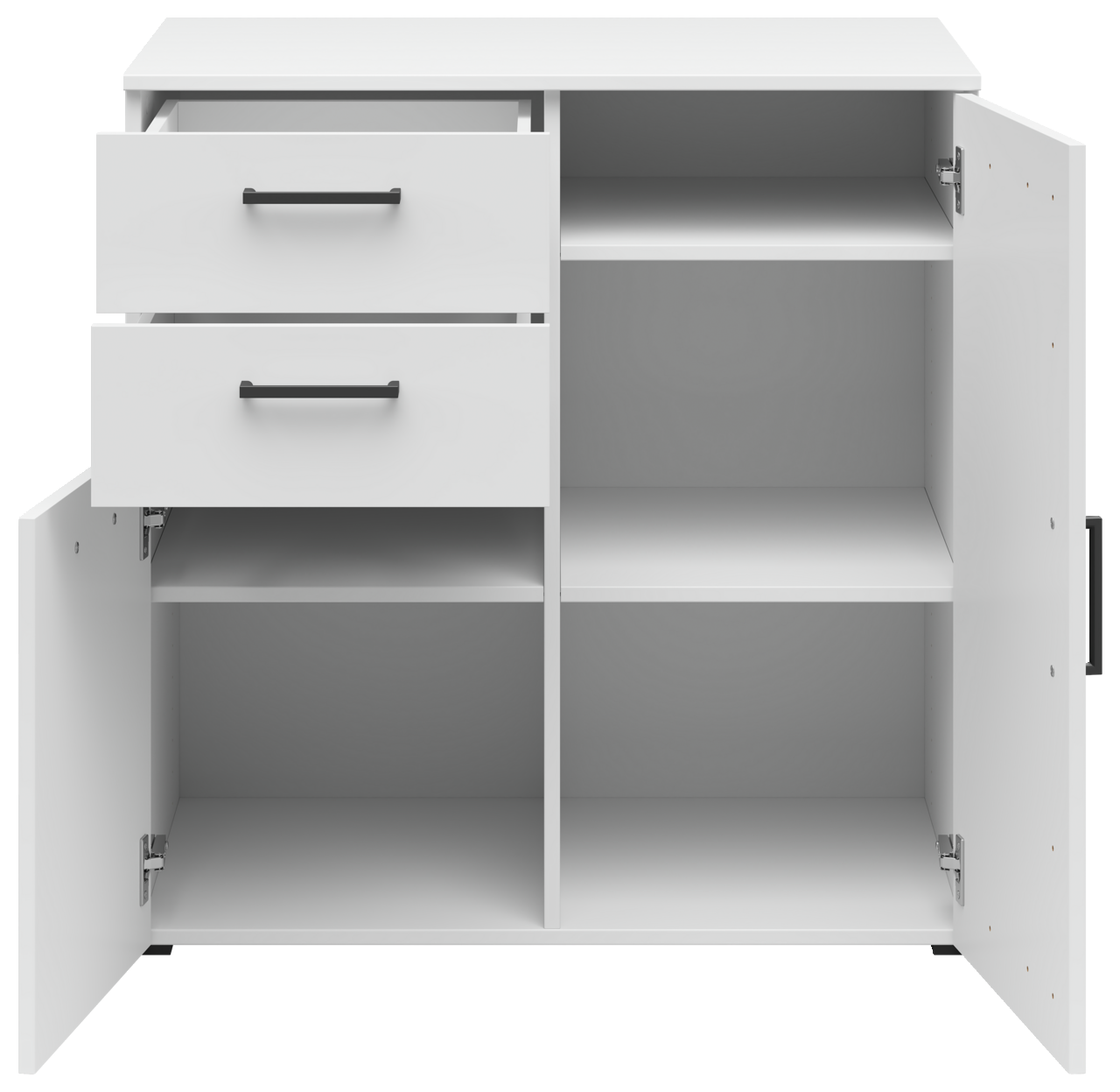 Weiße Kommode mit zwei offenen Schubladen und zwei offenen Türen, Frontansicht