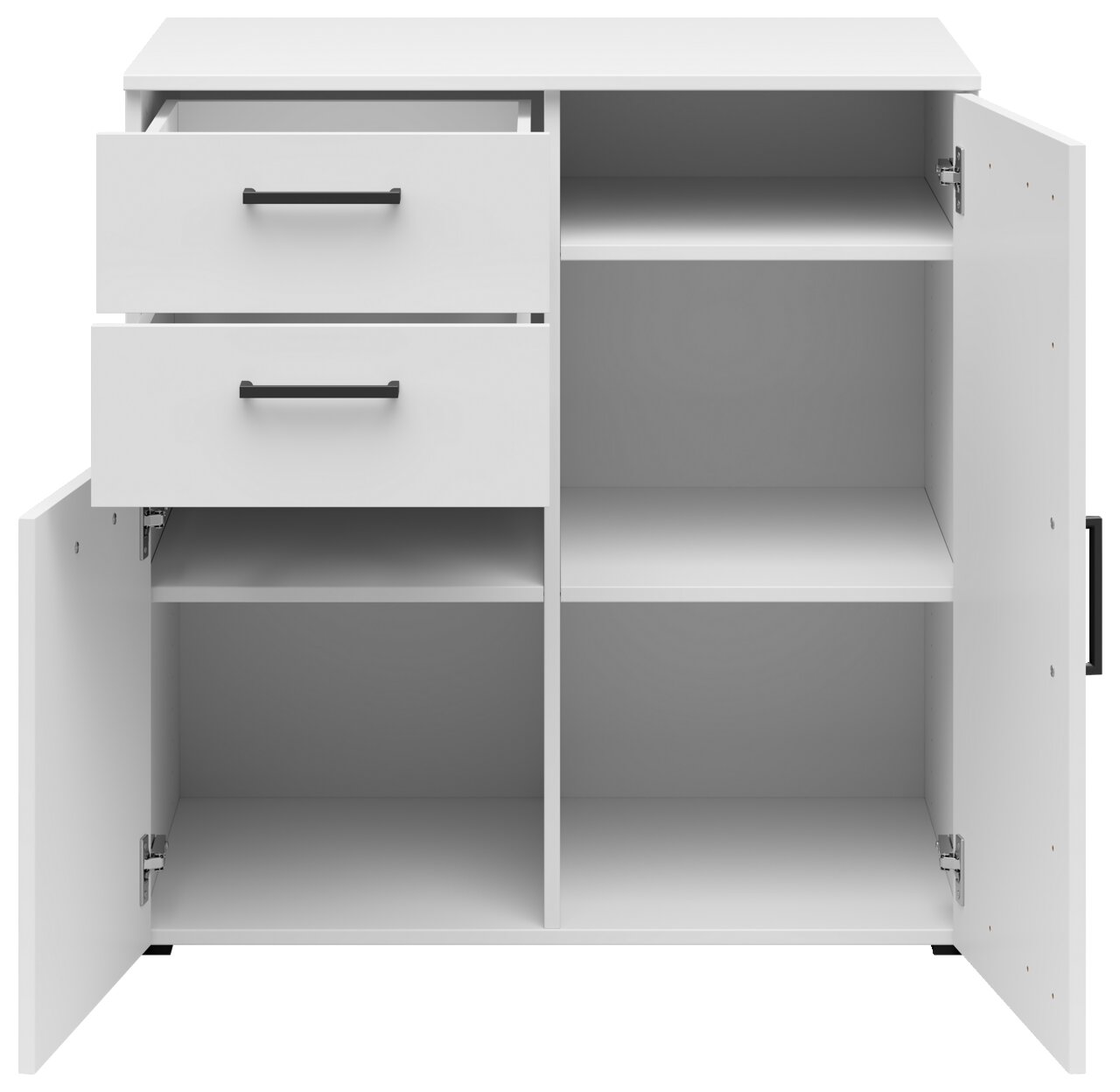 Weiße Kommode mit zwei offenen Schubladen und zwei offenen Türen, Frontansicht