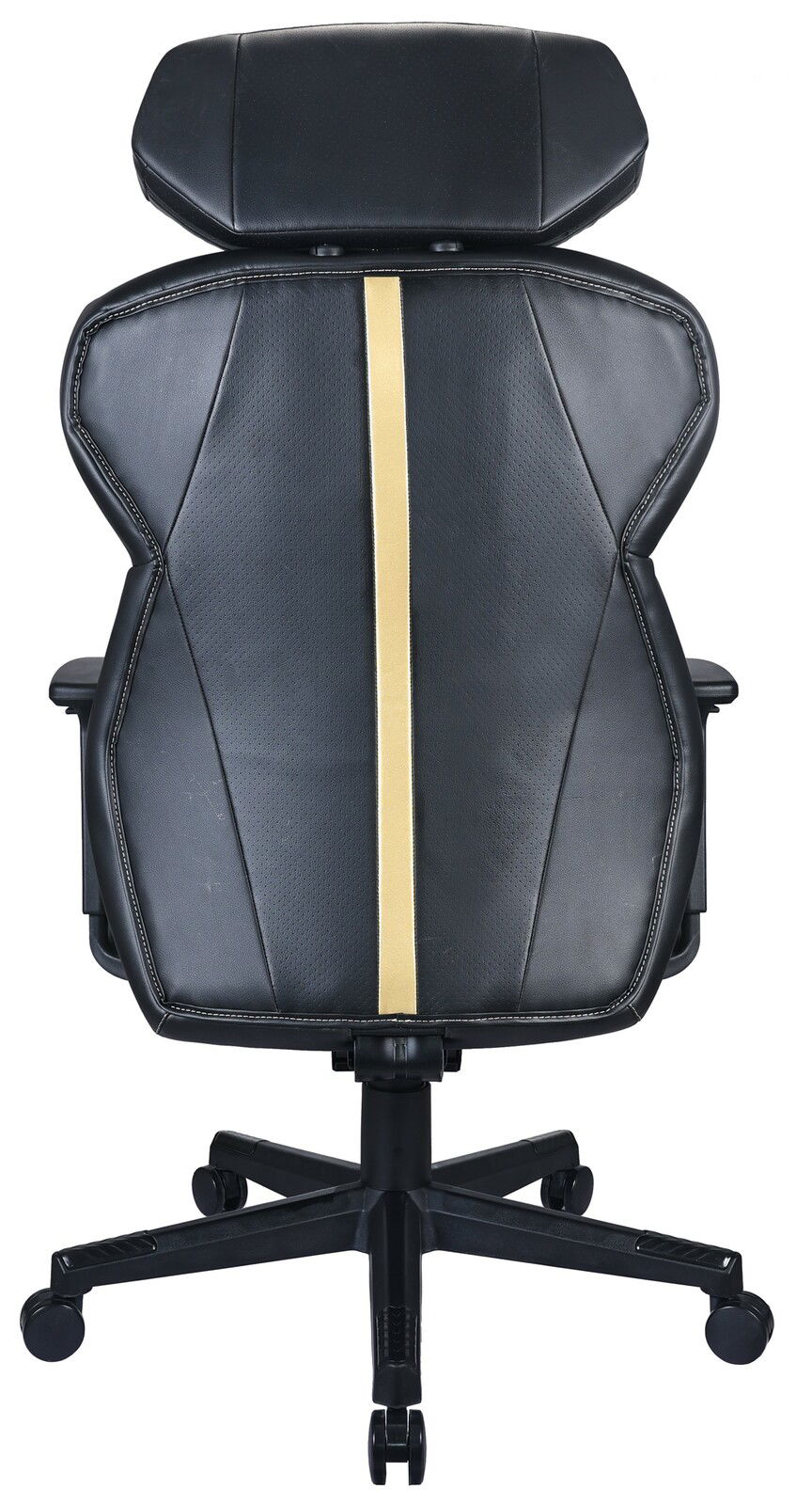 Rückansicht eines schwarzen Gaming-Stuhls mit goldener Zierleiste und Kopfstütze