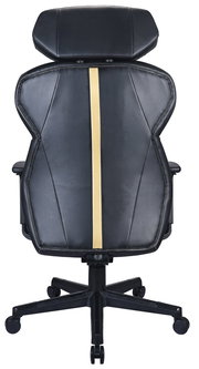 Rückansicht eines schwarzen Gaming-Stuhls mit goldener Zierleiste und Kopfstütze