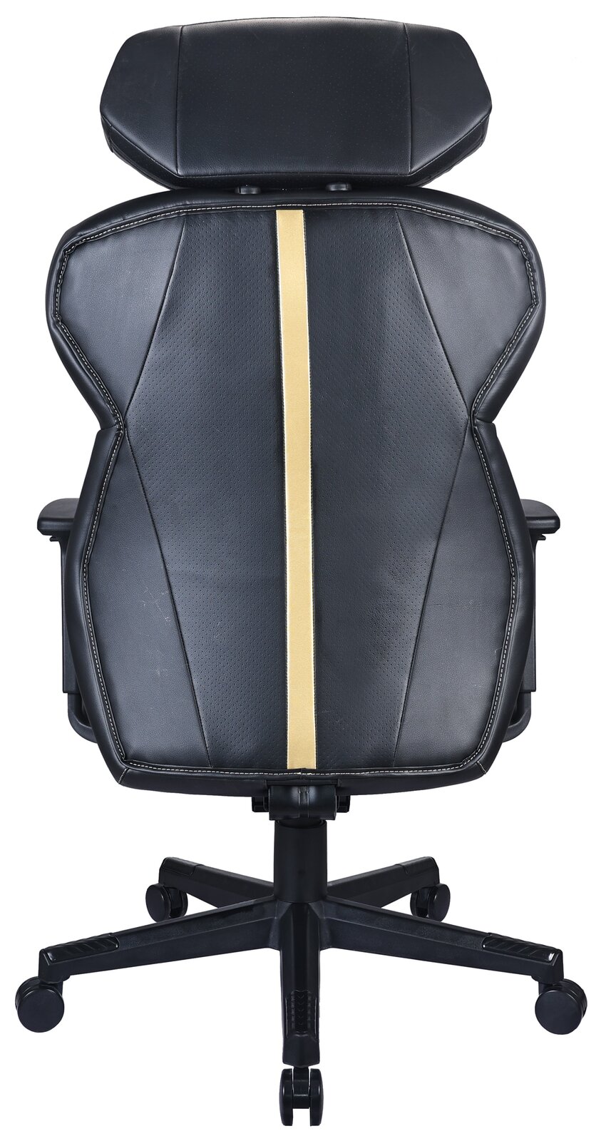 Rückansicht eines schwarzen Gaming-Stuhls mit goldener Zierleiste und Kopfstütze