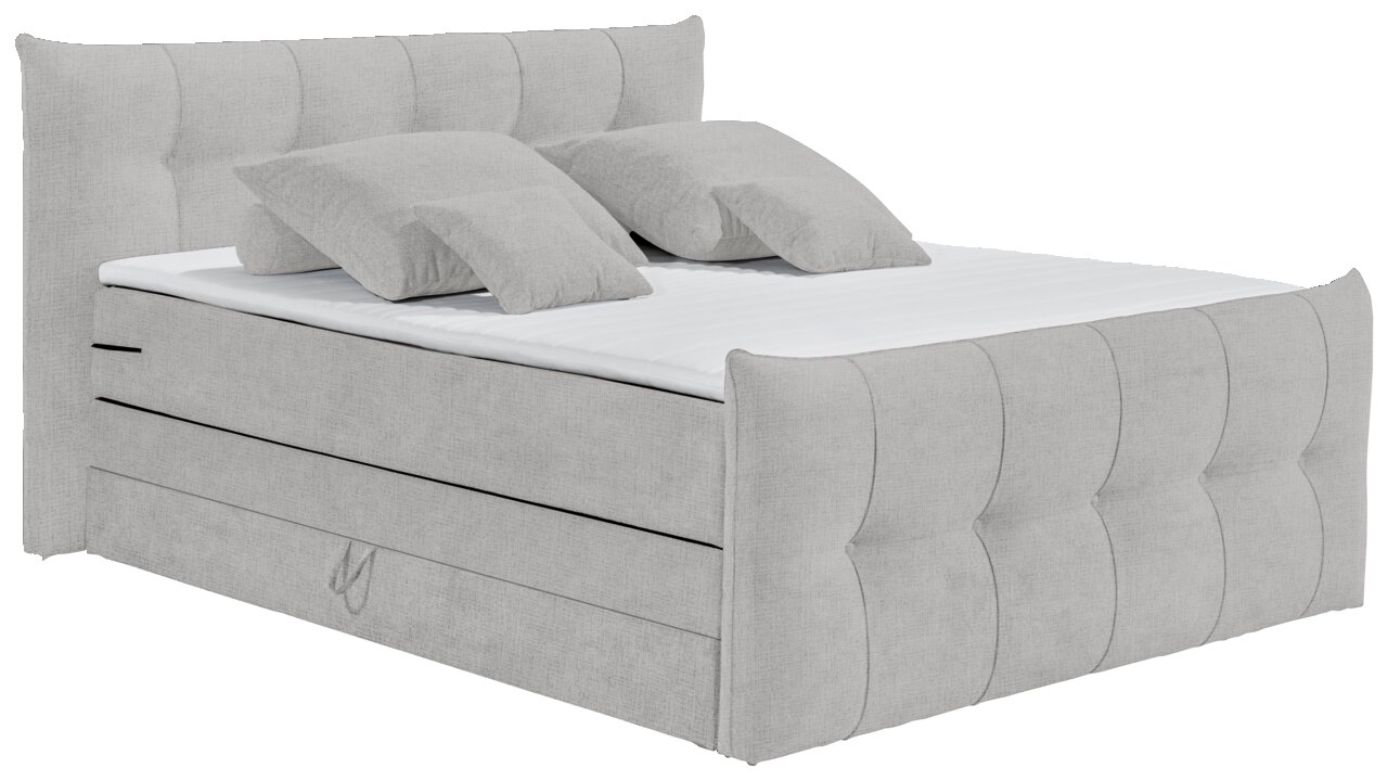 Boxspringbett in seitlicher Perspektive mit gepolstertem Kopf- und Fußteil, inklusive zwei Kissen.