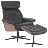 Schwarzer Relaxsessel mit Hocker, seitliche Perspektive, gepolstert mit Holzdetails und drehbarem Fuß.