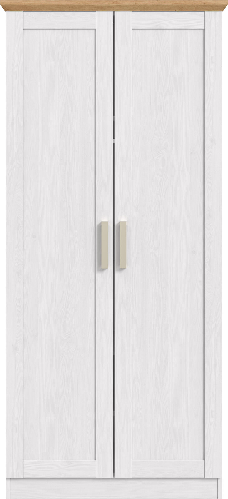 Zweitüriger Kleiderschrank in Weiß mit Holzkranz oben und zwei hellen Griffen, Frontalansicht