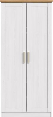 Zweitüriger Kleiderschrank in Weiß mit Holzkranz oben und zwei hellen Griffen, Frontalansicht