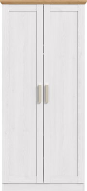 Zweitüriger Kleiderschrank in Weiß mit Holzkranz oben und zwei hellen Griffen, Frontalansicht
